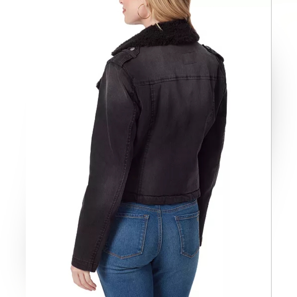 NWT Black Denim Faux Fur Moto Jacket Size XL - Picture 2 of 3